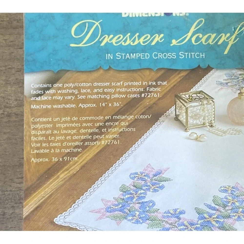 Dimensions Gingham & Morning Glories Dresser Scarf Stamped Cross Stitch 72770